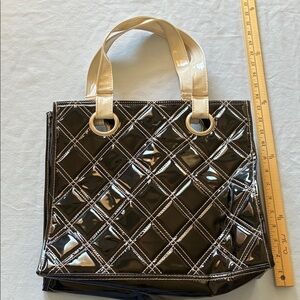 Quilted Patent Tote with Cream Top Handles